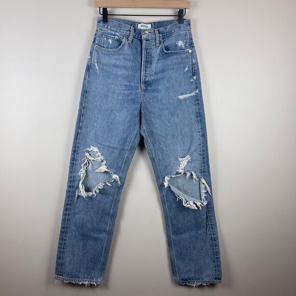 Agolde Jeans Women 25 Blue Denim Medium Wash Straight Leg 90s Distressed Raw Hem - Picture 1 of 11